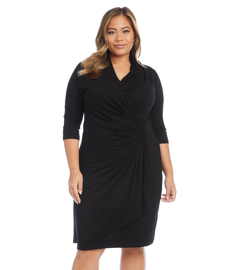 Plus Size 3/4 Sleeve Cascade Wrap Dress | Karen Kane